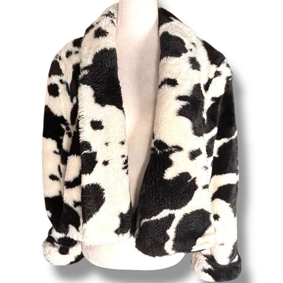 Vintage Jackets & Blazers - Vintage 90s Black White Western Coat Cow Print Cropped Fleece Faux Fur Jacket